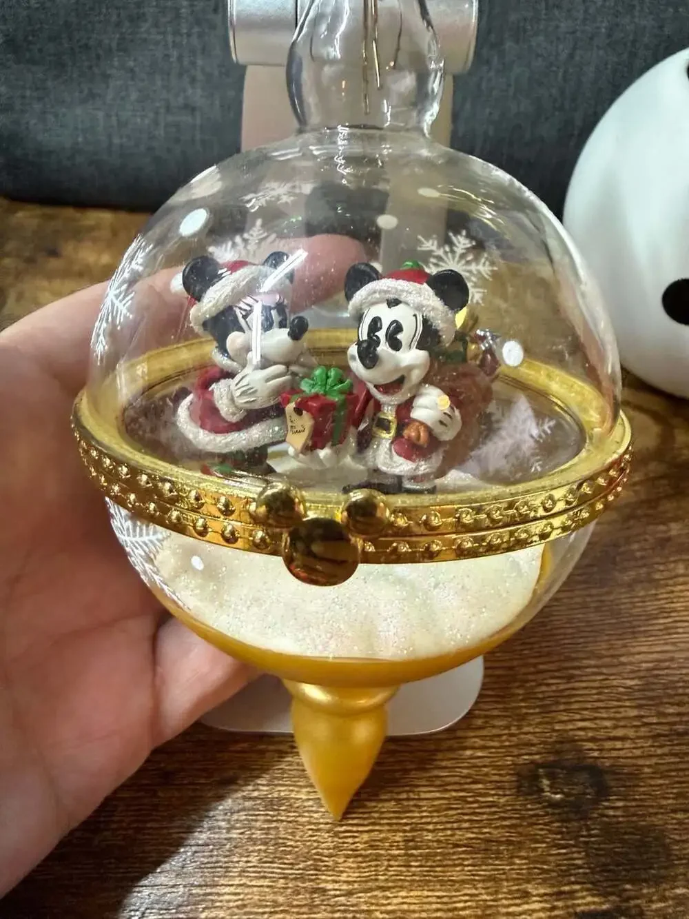 Disney Parks Santa Mickey and Minnie Hinged Glass Ornament with Gold Finial